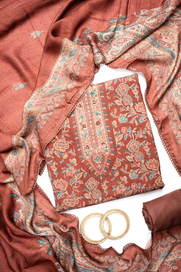 Maroon Pashmina Unstitched Salwar Suit With Pashmina Dupatta