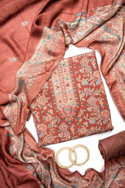 Maroon Pashmina Unstitched Salwar Suit With Pashmina Dupatta