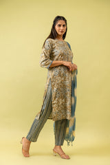 Olive Cotton Kurti And Pant With Cotton Dupatta