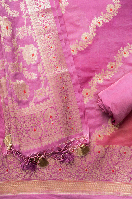 Mauve Banarasi Silk Unstitched Salwar Suit With Silk Dupatta