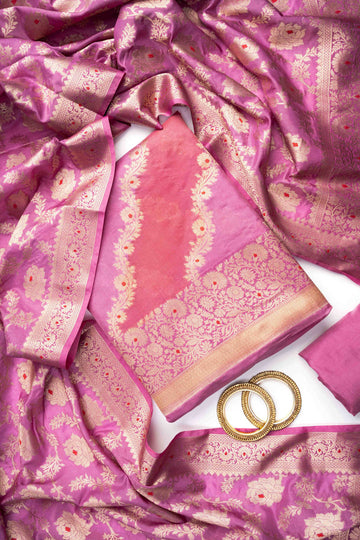 Mauve Banarasi Silk Unstitched Salwar Suit With Silk Dupatta