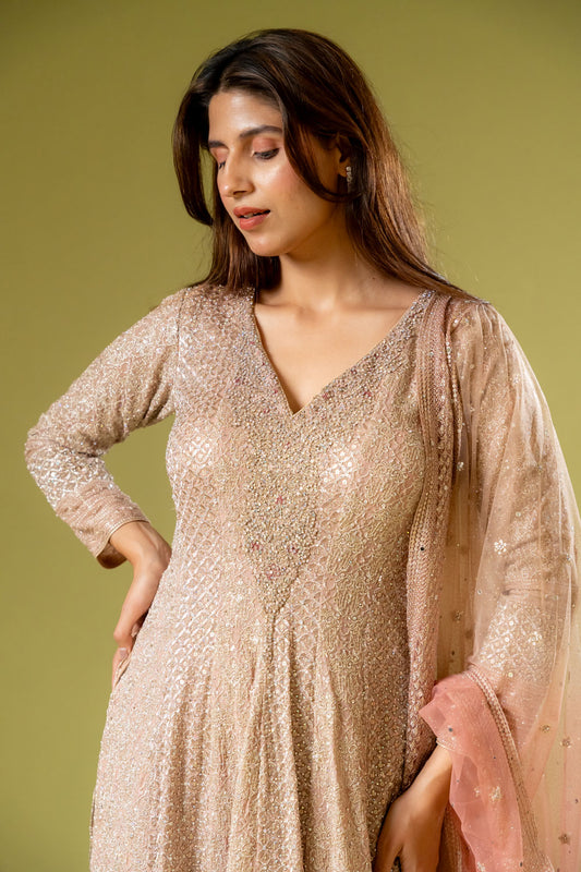Peach Georgette Readymade Sharara Set With Net Dupatta