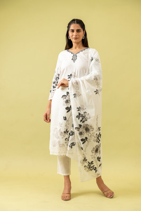 Off White Cotton Kurti And Pant With Cotton Dupatta