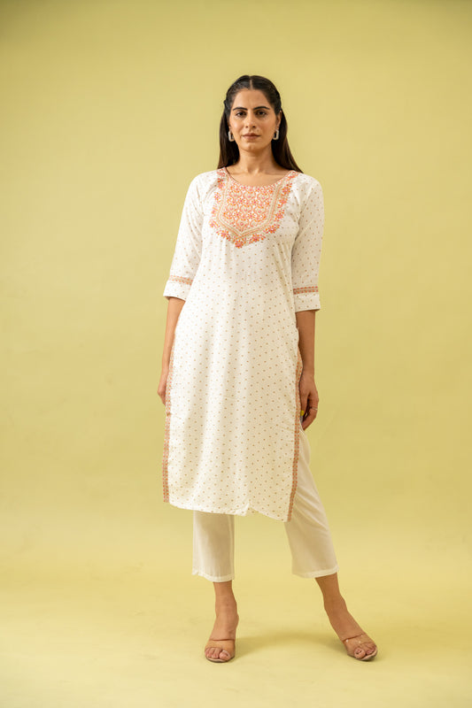 White Digital Printed Cotton Long Kurta