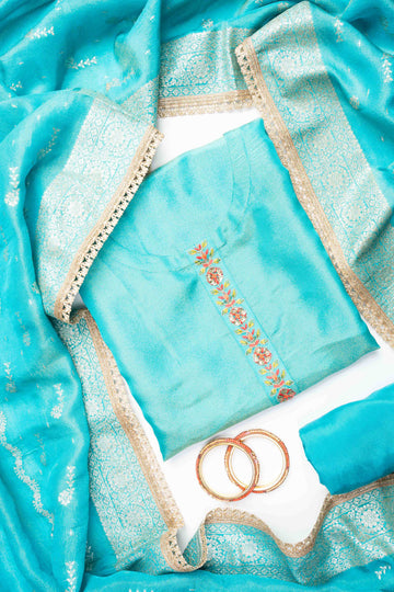 Firozi Crepe Tissue Unstitched Salwar Suit With Tissue Dupatta