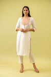 White Digital Printed Cotton Readymade Long Kurta