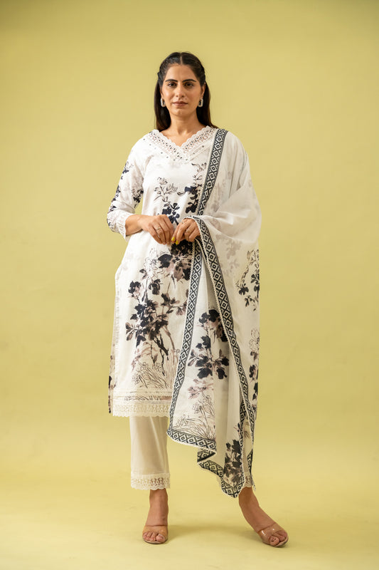 White Cotton Readymade Suit And Pant With Cotton Dupatta