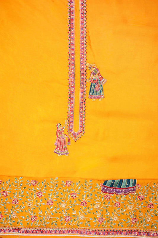 Mustard Organza Unstitched Salwar Suit With Dola Silk Dupatta