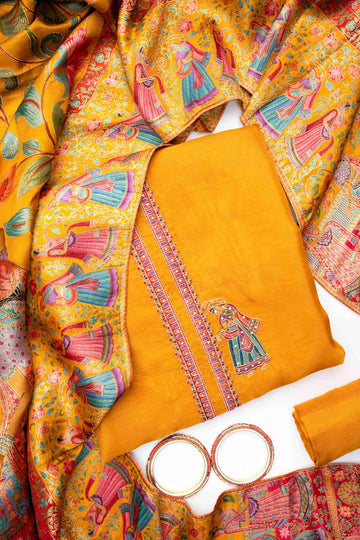 Mustard Organza Unstitched Salwar Suit With Dola Silk Dupatta