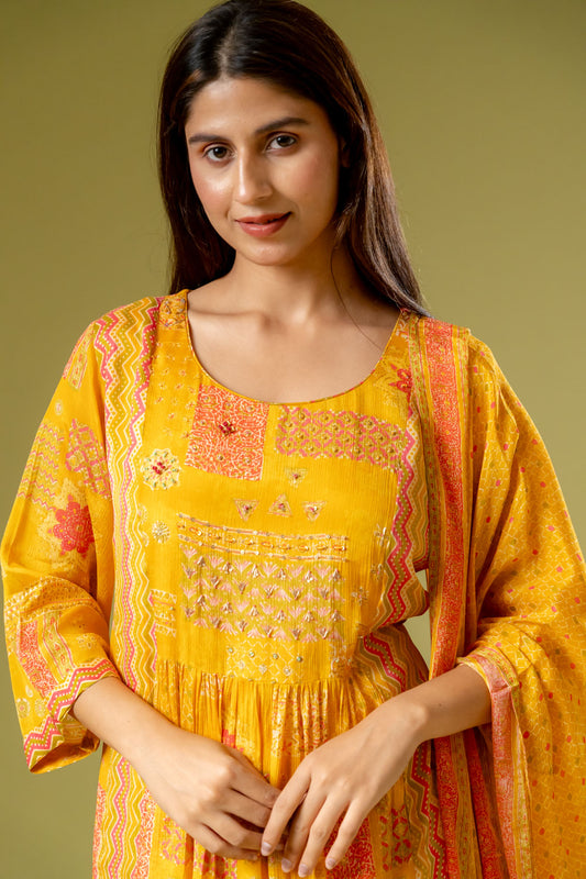 Mustard Crepe Readymade Suit And Palazzo With Crepe Dupatta