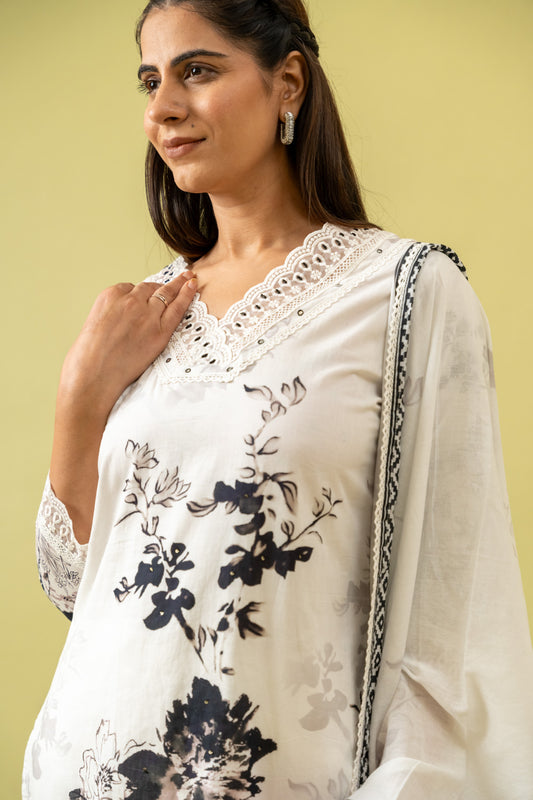 White Cotton Readymade Suit And Pant With Cotton Dupatta