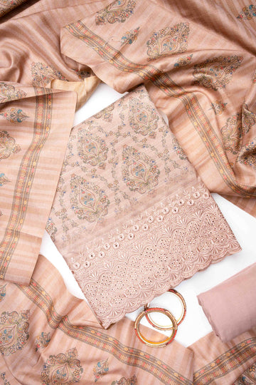 Peach Cotton Unstitched Salwar Suit With Cotton Dupatta