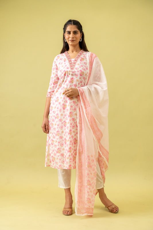 White Peach Cotton Readymade Suit And Pant With Cotton Dupatta