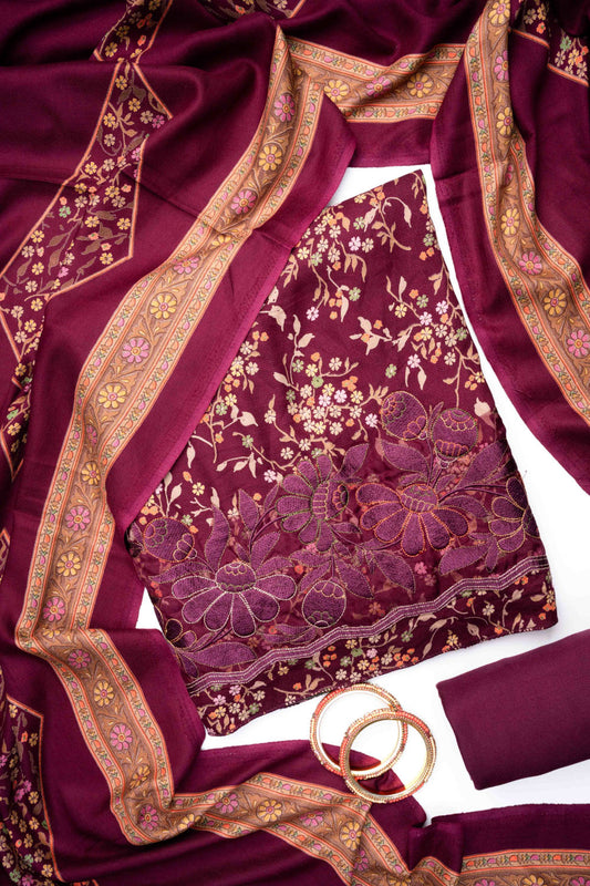 Garnet Pashmina Unstitched Salwar Suit With Pashmina Dupatta
