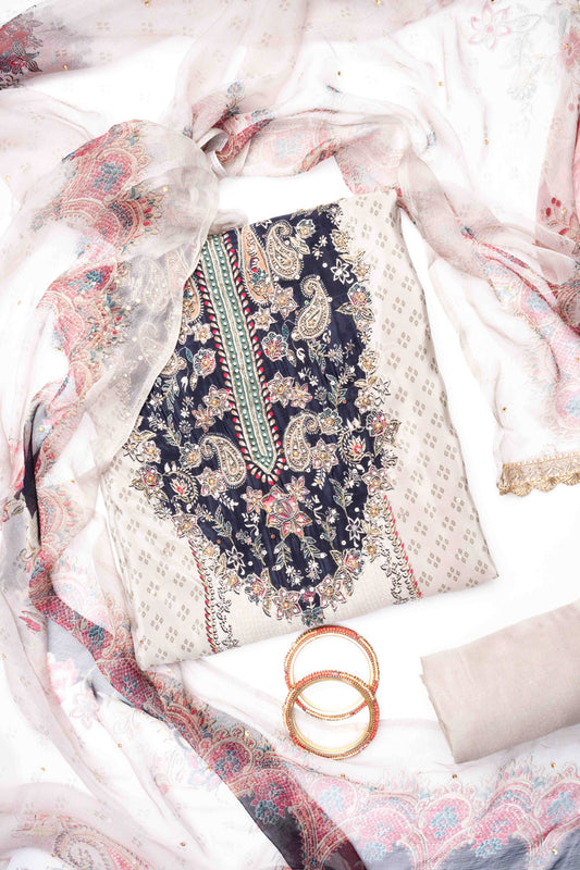 Grey Crepe Unstitched Salwar Suit With Crepe Dupatta