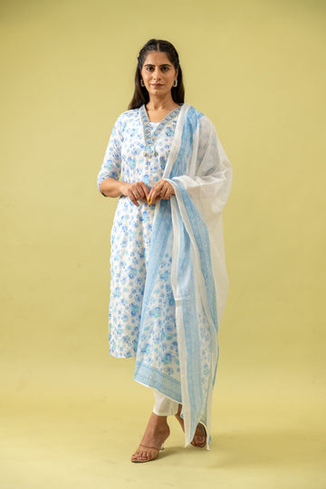 White Blue Cotton Readymade Suit And Pant With Cotton Dupatta