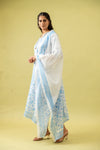 White Blue Cotton Readymade Suit And Pant With Cotton Dupatta