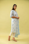 White Blue Cotton Readymade Suit And Pant With Cotton Dupatta