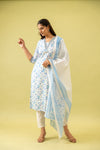 White Blue Cotton Readymade Suit And Pant With Cotton Dupatta