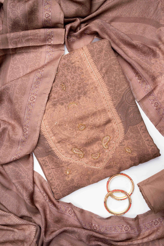 Brown Pashmina Unstitched Salwar Suit With Pashmina Dupatta