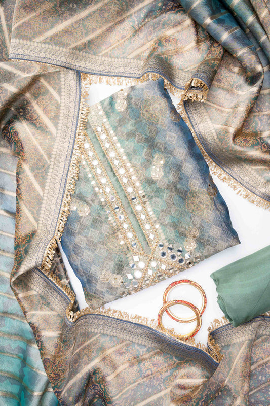 Bluish Grey Organza Unstitched Salwar Suit With Organza Dupatta