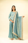 Sky Blue Cotton Readymade Suit And Palazzo With Organza Dupatta