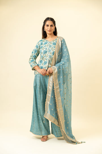 Sky Blue Cotton Readymade Suit And Palazzo With Organza Dupatta