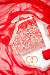Red Chinon Unstitched Salwar Suit With Chiffon Dupatta