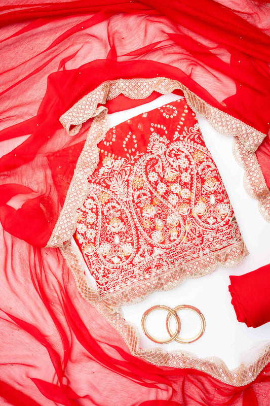 Red Chinon Unstitched Salwar Suit With Chiffon Dupatta