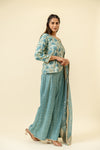 Sky Blue Cotton Readymade Suit And Palazzo With Organza Dupatta