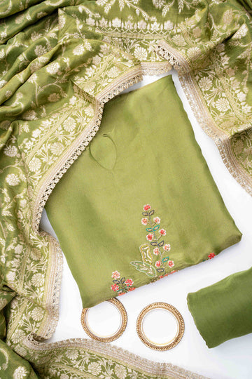 Mehndi Crepe Tissue Unstitched Salwar Suit With Tissue Dupatta