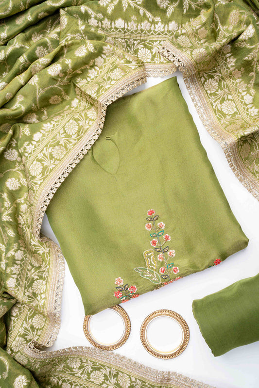 Mehndi Crepe Tissue Unstitched Salwar Suit With Tissue Dupatta