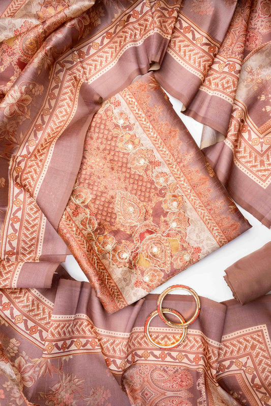 Brown Cotton Unstitched Salwar Suit With Cotton Dupatta