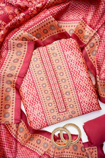 Maroon Cotton Unstitched Salwar Suit With Cotton Dupatta
