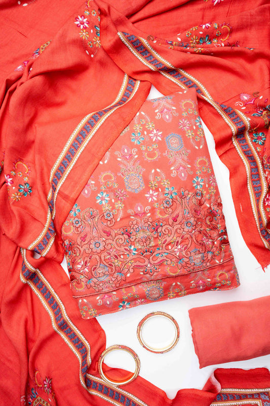 Coral Pashmina Unstitched Salwar Suit With Pashmina Dupatta
