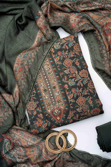 Mehndi Pashmina Unstitched Salwar Suit With Pashmina Dupatta