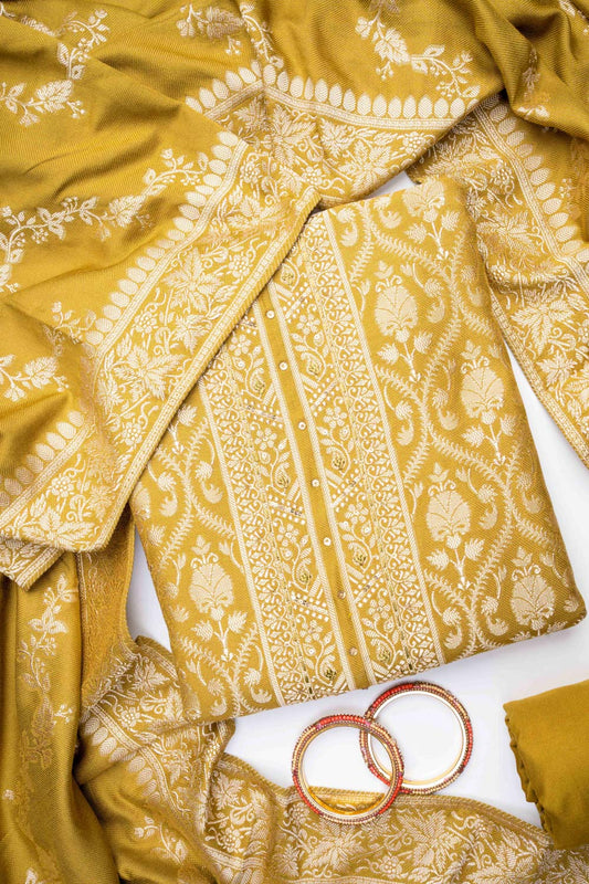 Pista Pashmina Unstitched Salwar Suit With Pashmina Dupatta