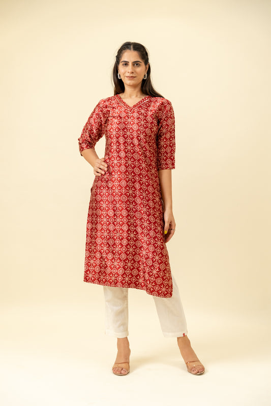 Maroon Digital Printed Cotton Long Kurta