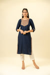 Midnight Blue Digital Printed Cotton Readymade Long Kurta