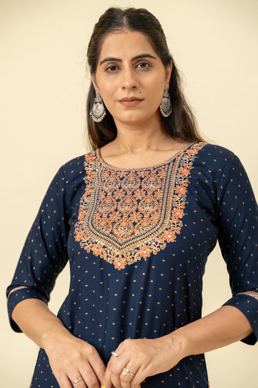 Midnight Blue Digital Printed Cotton Long Kurta