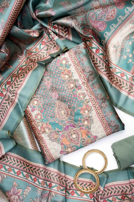 Mint Green Cotton Unstitched Salwar Suit With Cotton Dupatta