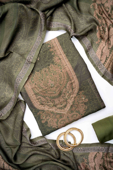 Mehndi Pashmina Unstitched Salwar Suit With Pashmina Dupatta