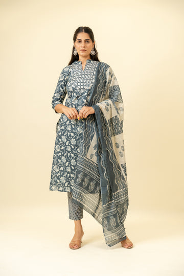 Grey Cotton Readymade Suit And Pant With Cotton Dupatta