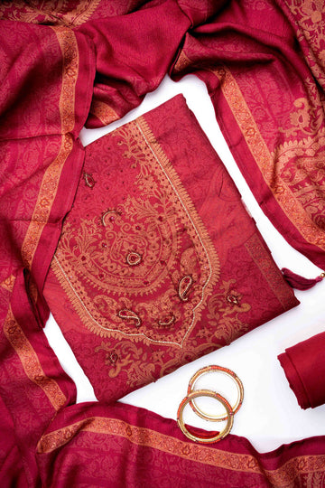 Maroon Pashmina Unstitched Salwar Suit With Pashmina Dupatta