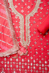 Red Georgette Unstitched Salwar Suit With Organza Dupatta