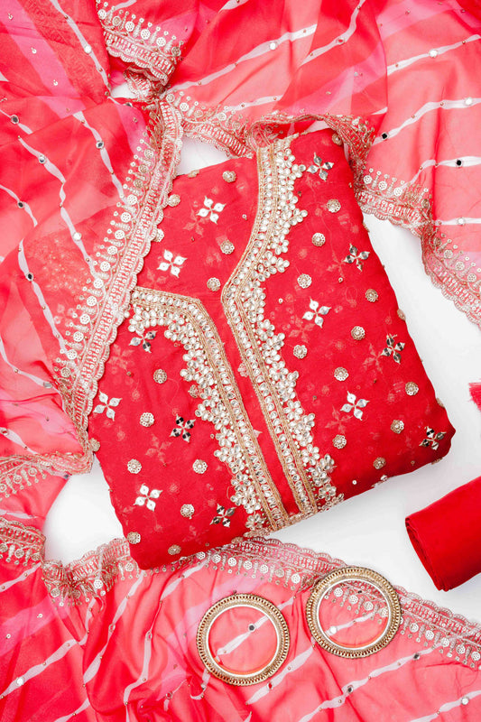 Red Georgette Unstitched Salwar Suit With Organza Dupatta