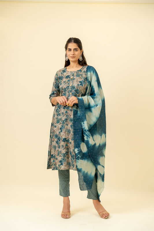 Grey Cotton Kurti And Pant With Cotton Dupatta