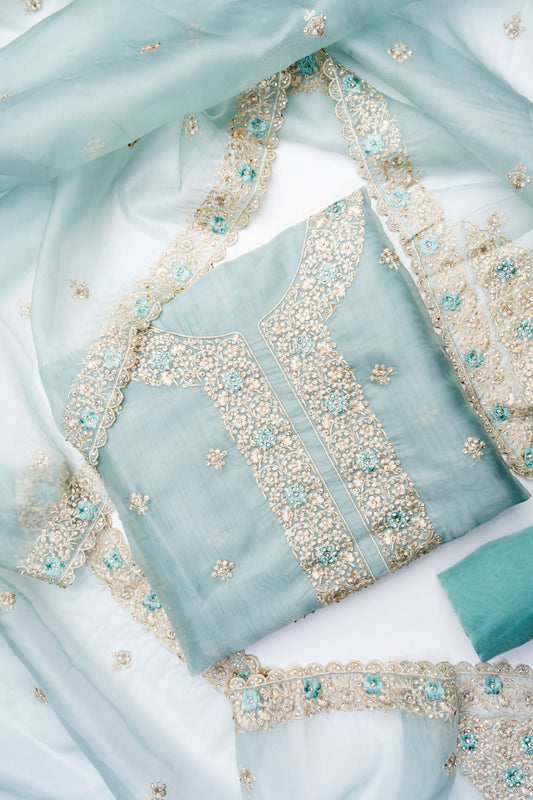 Tea Green Organza Unstitched Salwar Suit With Organza Dupatta