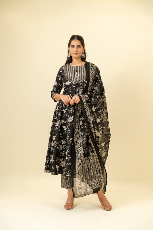 Black Cotton Readymade Suit And Pant With Cotton Dupatta