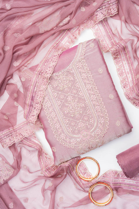 Onion Organza Unstitched Salwar Suit With Chiffon Dupatta